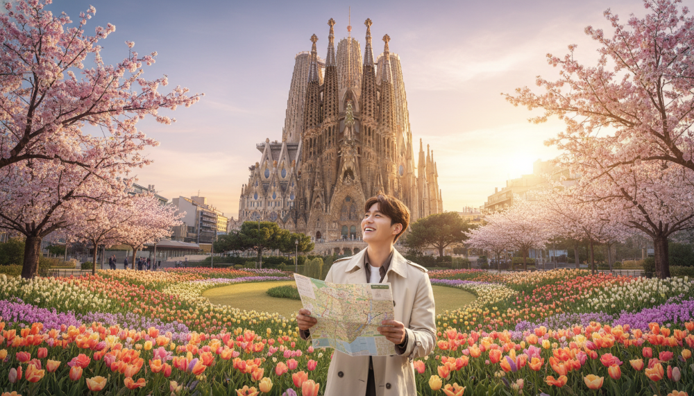 2025년 만족도 1위 여행지인 스페인 바르셀로나 사그라다 파밀리아 성당의 화창한 봄 풍경
