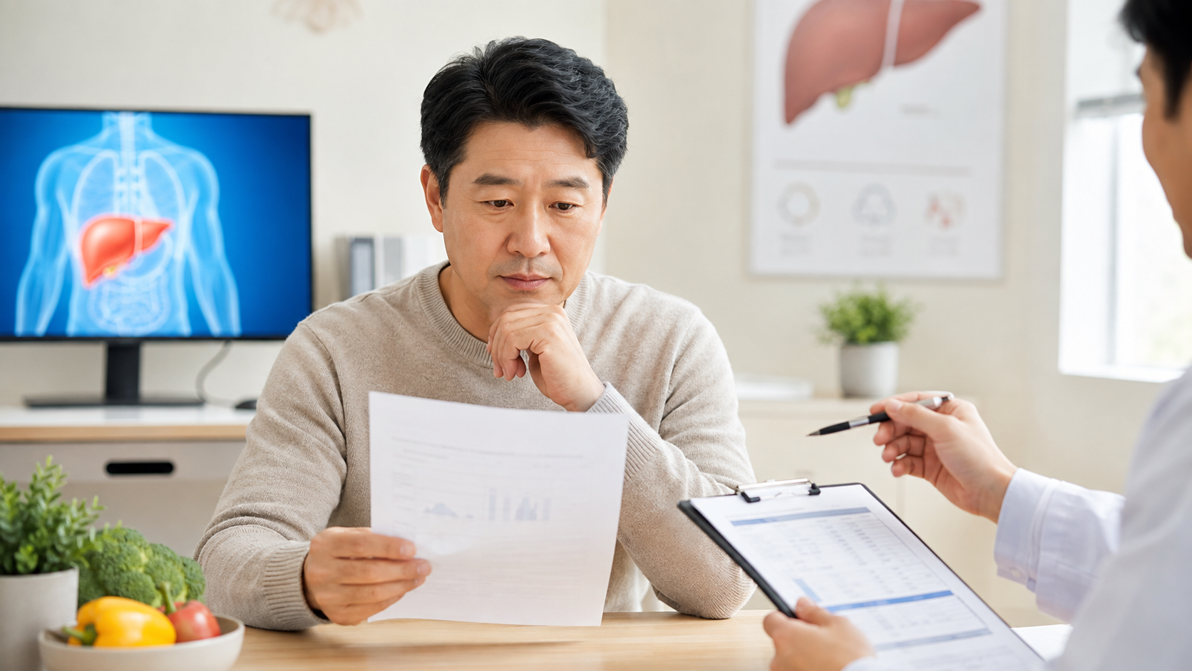 건강검진 결과에서 지방간 소견을 확인하고 의료진과 간 건강 관리 방법을 상담하는 중년