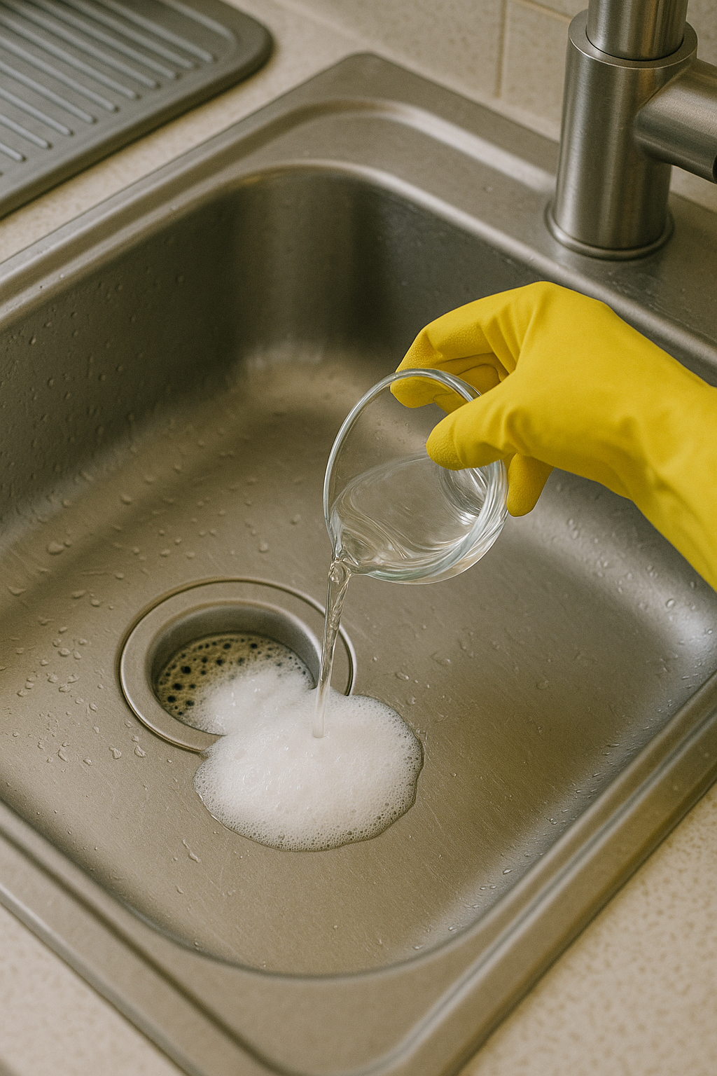 싱크대 배수구에 식초를 붓고 거품이 나는 모습