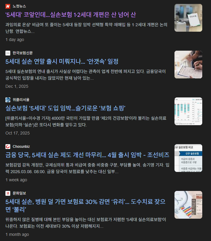 구글 검색창, 5세대 실손에 대해 갑론을박 중인 뉴스들