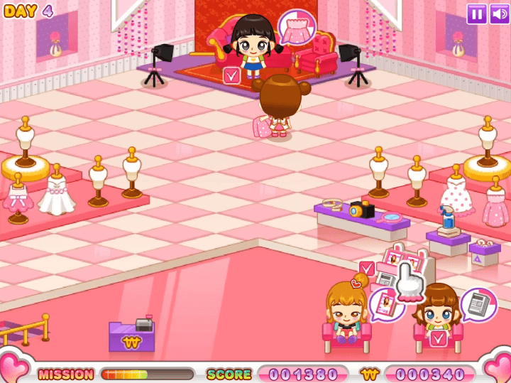 쥬디의-드레스샵-플래시게임-플레이2-손님에게-핑크색-드레스를-전달하는-화면