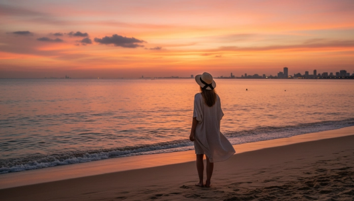 2025년 다낭 미케 비치에서 일몰을 감상하는 여성의 뒷모습, 평화롭고 자유로운 혼자여행 분위기