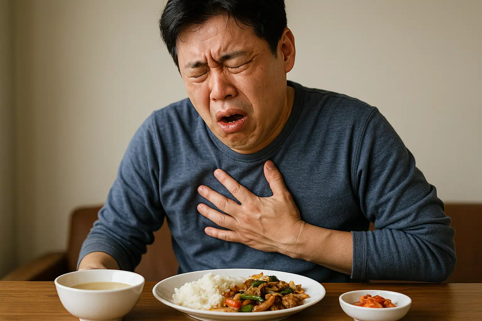 음식을 먹은 후 가슴 중앙을 누르며 속쓰림과 신물이 올라오는 듯 괴로워하는 사람