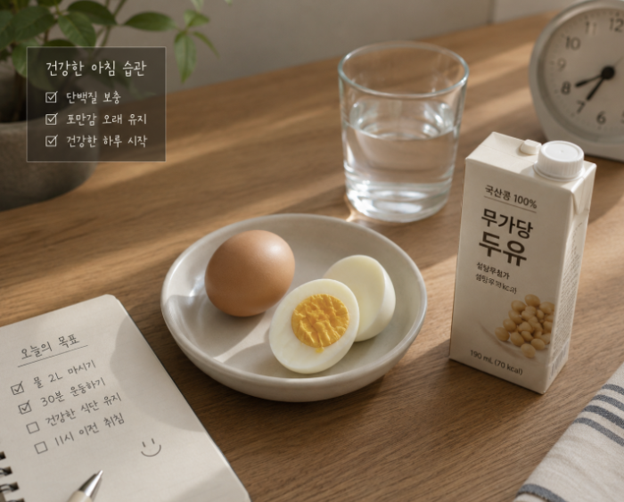 삶은 계란과 두유로 구성된 건강한 아침 식단 이미지
