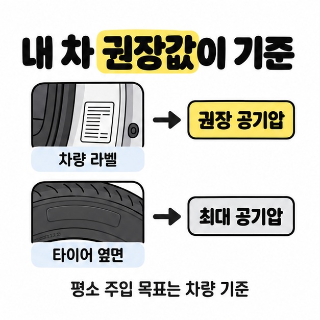 차량 라벨은 권장 공기압으로 타이어 옆면은 최대 공기압으로 연결해 평소 주입 목표는 차량 기준임을 설명한 비교 그림