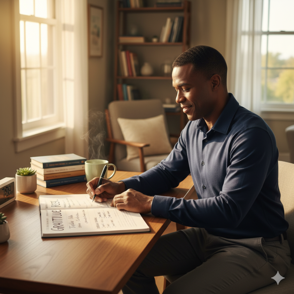 햇살이 비치는 아침, 감사일기를 쓰며 감정을 리셋하고 긍정습관루틴을 실천하는 사람의 모습 (이미지 생성:google)
