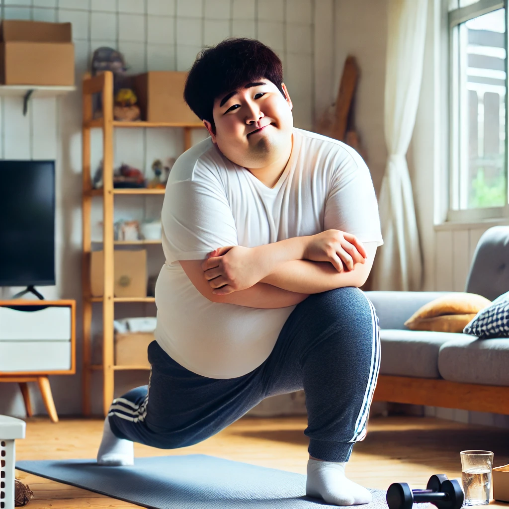 "비만으로 고민하는 한국 남성이 거실에서 한쪽 다리를 내밀며 런지 운동을 하는 모습. 방 안에는 정리가 안 된 물건들이 널려 있으며, 운동 초보자가 좁은 공간에서도 홈트레이닝을 실천하는 장면을 연출함"
