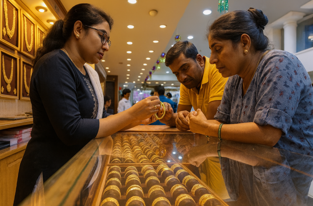 보석 쇼룸에서 금 장신구를 쇼핑하는 인도 여성