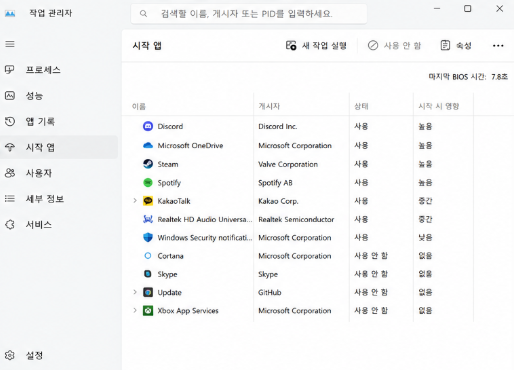 Windows 11 작업 관리자 시작 앱 목록과 시작 영향 확인