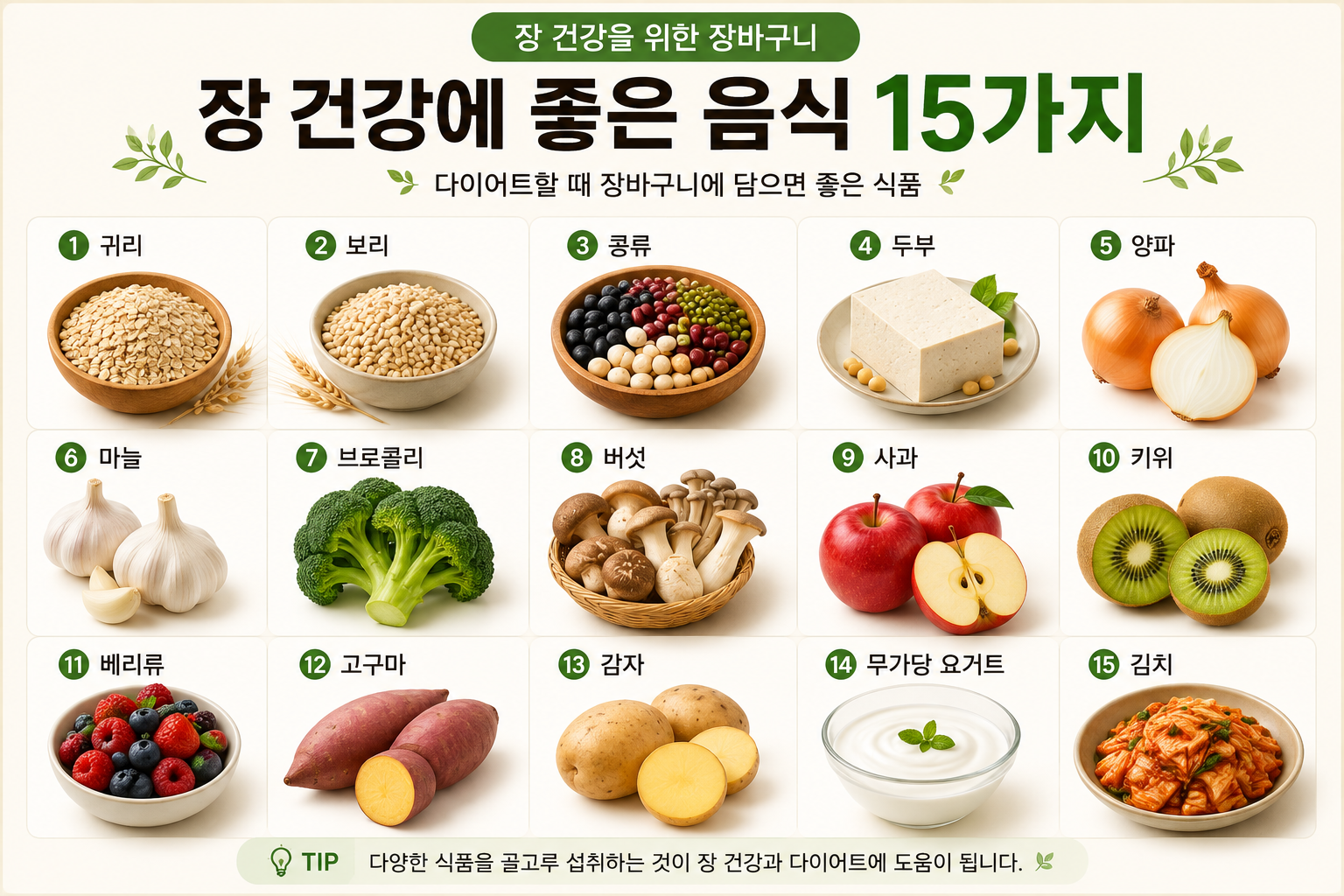 장 건강과 다이어트에 활용하기 좋은 귀리 보리 콩 채소 과일 발효식품 15가지