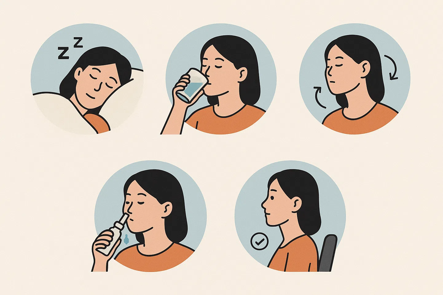 수면, 수분 섭취, 목 스트레칭, 식염수 세척, 올바른 자세