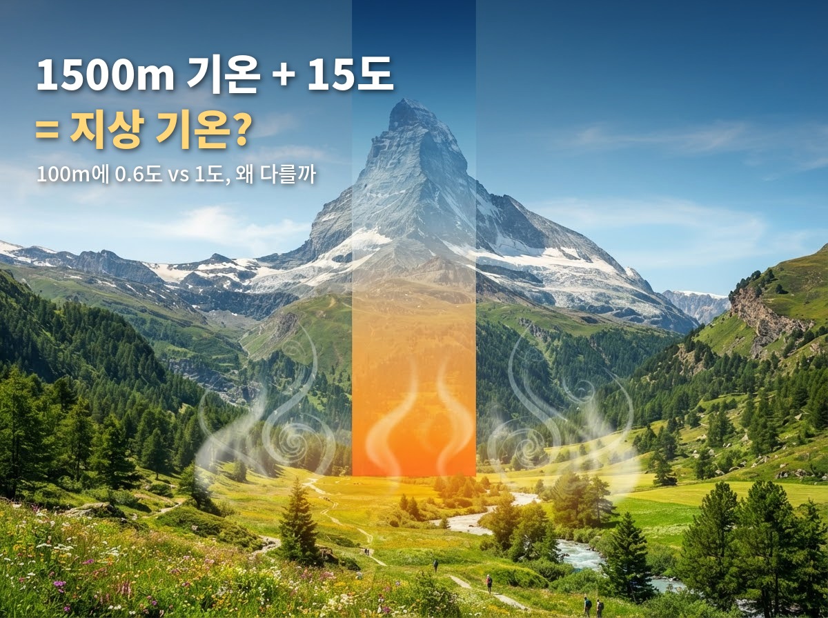 맑은 날 산과 골짜기 풍경 위에 지상의 주황색에서 산꼭대기의 파란색으로 변하는 기온 색띠가 있고, "1500m 기온 + 15도 = 지상 기온?"이라는 제목이 적힌 기온감률 설명 이미지