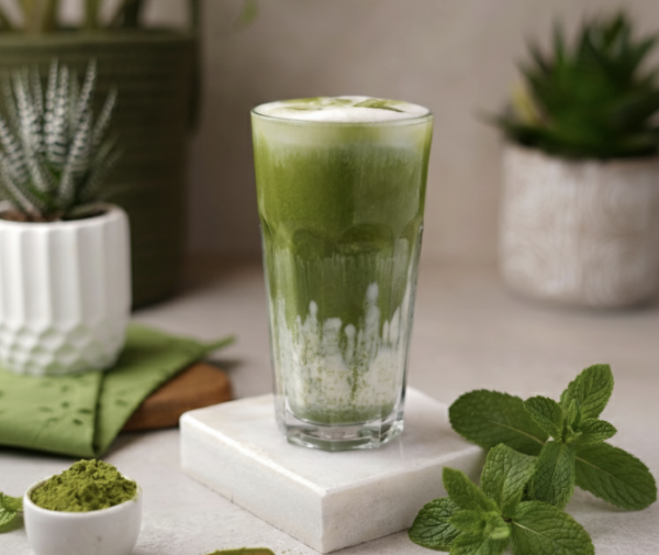 말차와 민트의 조합. 말차 라테와 아래 민트 잎이 놓여져있다.