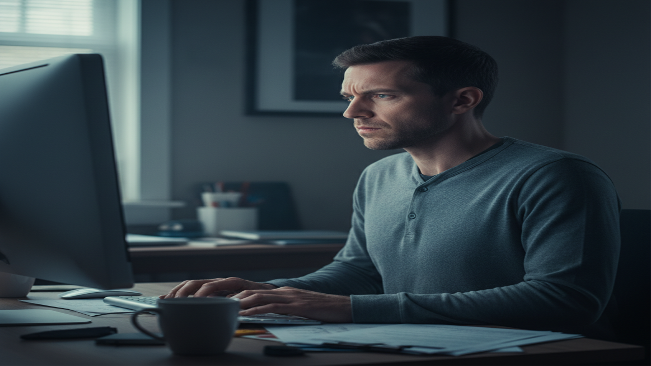 책상 앞에 오래 앉아 일하는 성인의 일상적인 모습