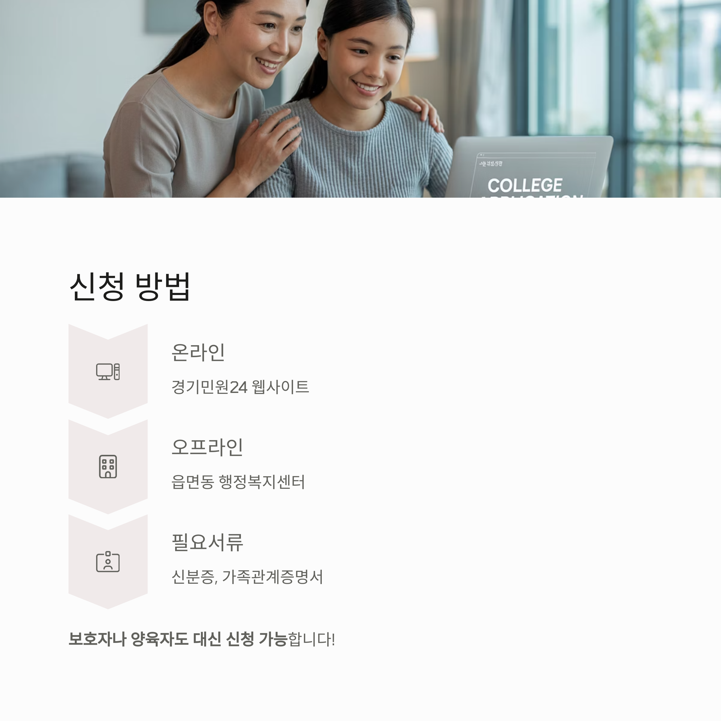 경기도 생리용품 지원 신청 방법 안내 이미지, 엄마와 딸이 함께 신청하는 모습을 보여주며 온라인과 오프라인 신청 방법 설명