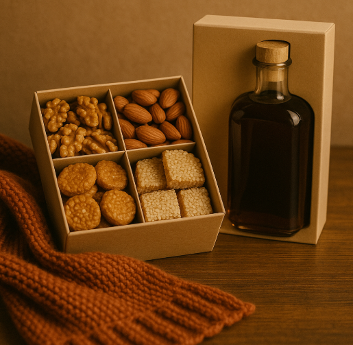 Premium nut and traditional snack set with knitwear