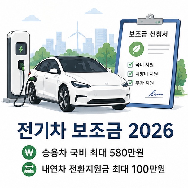 전기승용차와 보조금 서류를 통해 2026년 전기승용차 국비 보조금이 중형과 대형 기준 최대 580만원이며 내연차 전환지원금도 추가될 수 있음을 보여 주는 그림