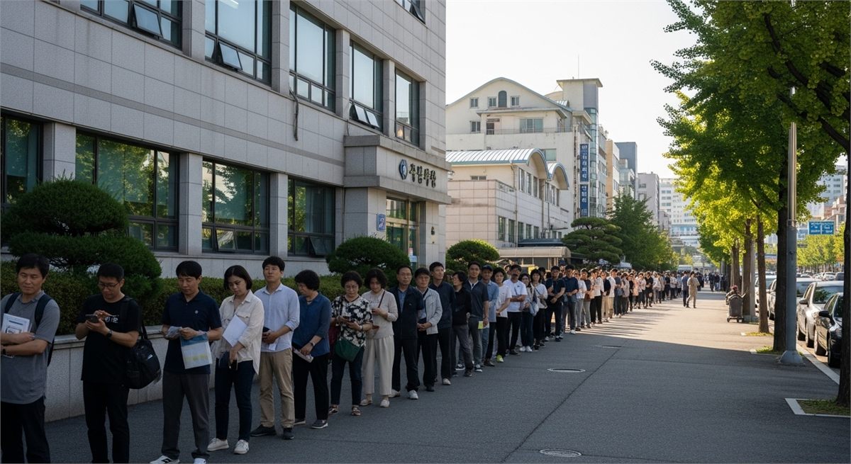 행정기관 앞에서 차례를 기다리는 사람들의 전경 