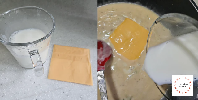 왼쪽은 우유와 체다치즈1장-오른쪽은 크림파스타 소스에 치즈와 우유 첨가한 사진