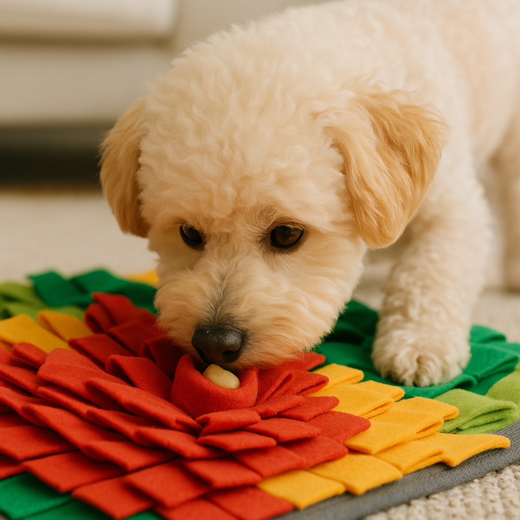 알록달록한 노즈워크 담요(Snuffle Mat)
강아지가 코를 깊이 파묻고 간식 찾기에 열중하는 모습