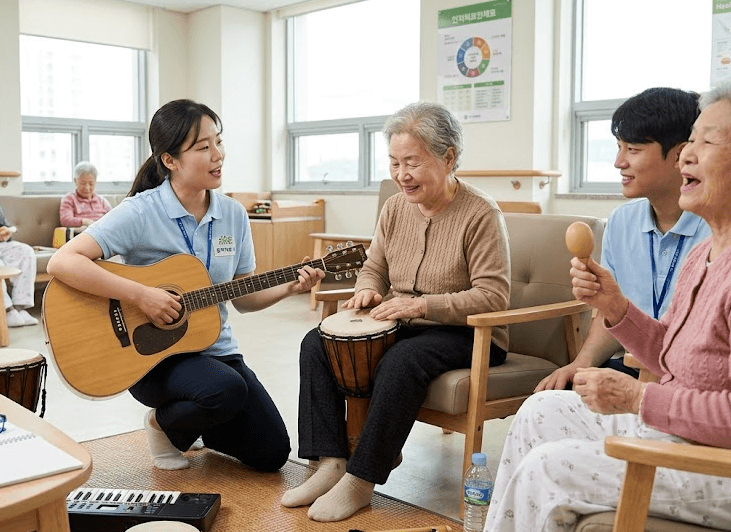 음악치료사가 알츠하이머 환자와 가족에게 1970년대 가요를 연주하며 인지 능력 향상과 정서적 안정을 유도하는 모습