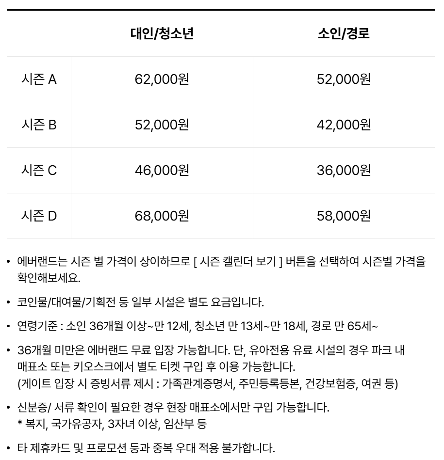 에버랜드 자유이용권가격 및 시즌캘린더 안내