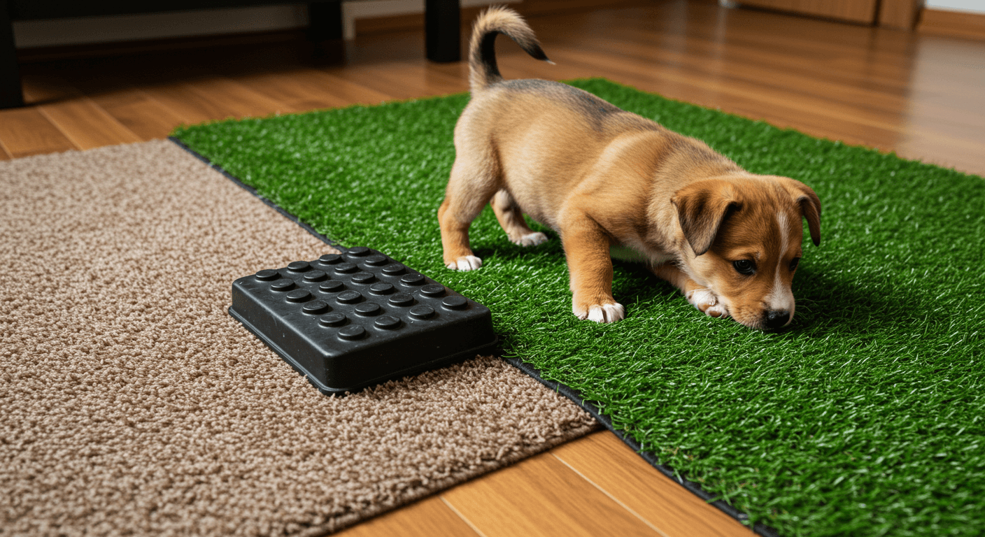 실내에서 다양한 질감의 바닥과 표면을 경험해보고 있는 강아지