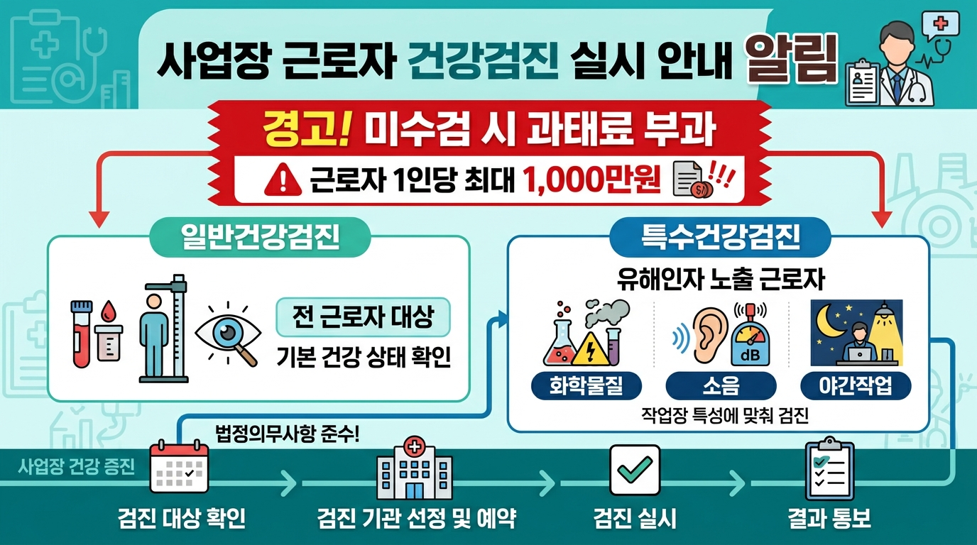 특수건강진단 미실시 과태료 1인당 최대 30만원 &mdash; 대상&middot;주기 3분 핵심 정리 인포그래픽