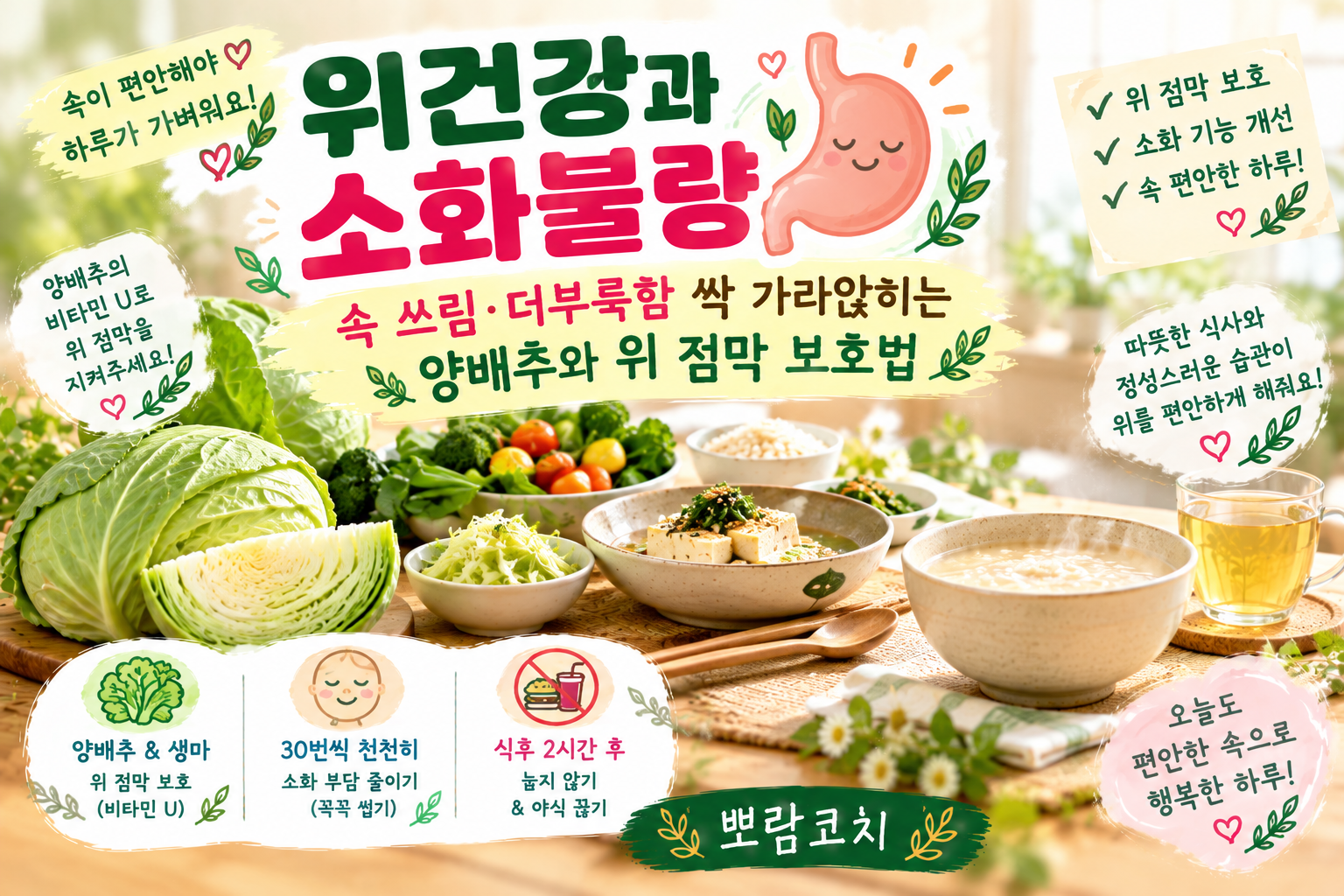 살짝 데친 양배추와 정갈하게 차려진 속 편한 건강 저염 식탁
 김이 모락모락 나는 따뜻한 숭늉과 정성스럽게 조리된 두부 요리 이미지
