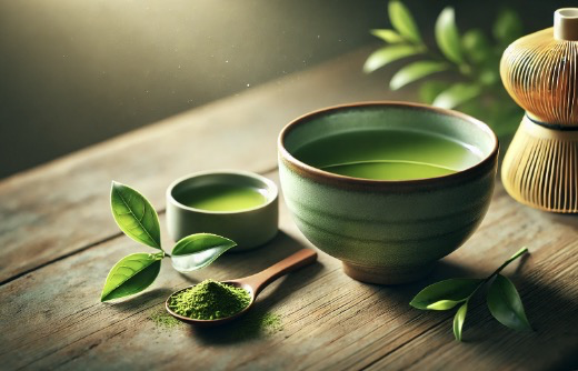 전통적인 찻잔에 담긴 따뜻한 녹차와 함께 신선한 찻잎, 약간의 말차 가루가 자연스럽게 놓여 있어