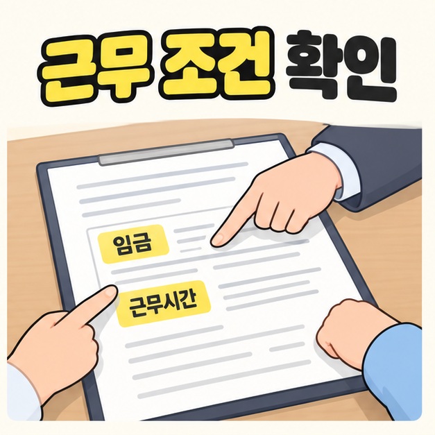 지원자와 담당자가 계약 서류의 임금과 근무시간 항목을 함께 확인하는 모습