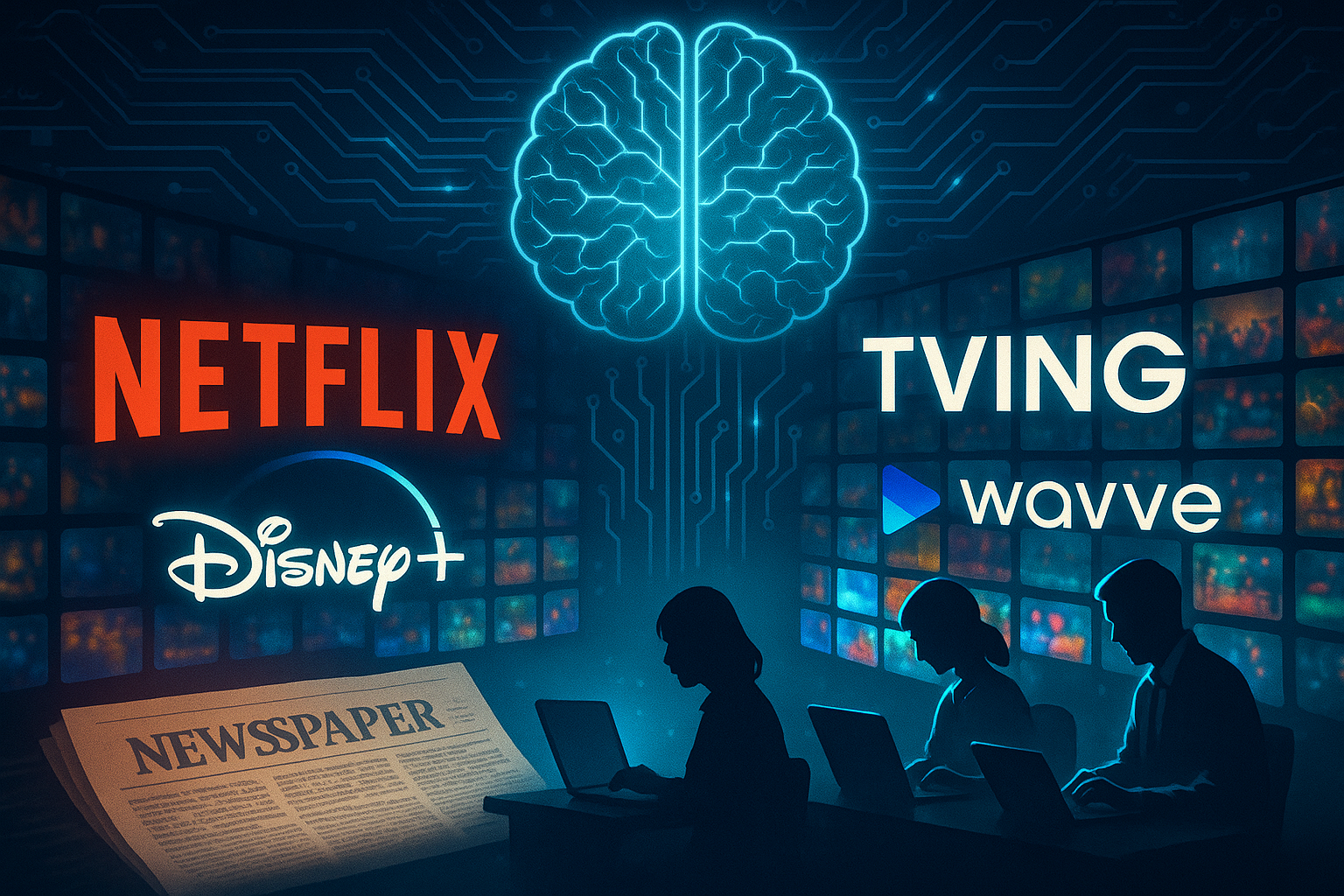 Digital illustration showing OTT market saturation and AI transformation, with Netflix and Disney+ logos competing against Korean streaming platforms TVING and Wavve, under a glowing artificial intelligence brain, while fading newspapers and journalists symbolize the crisis of traditional journalism. Futuristic infographic style, 16:9 ratio