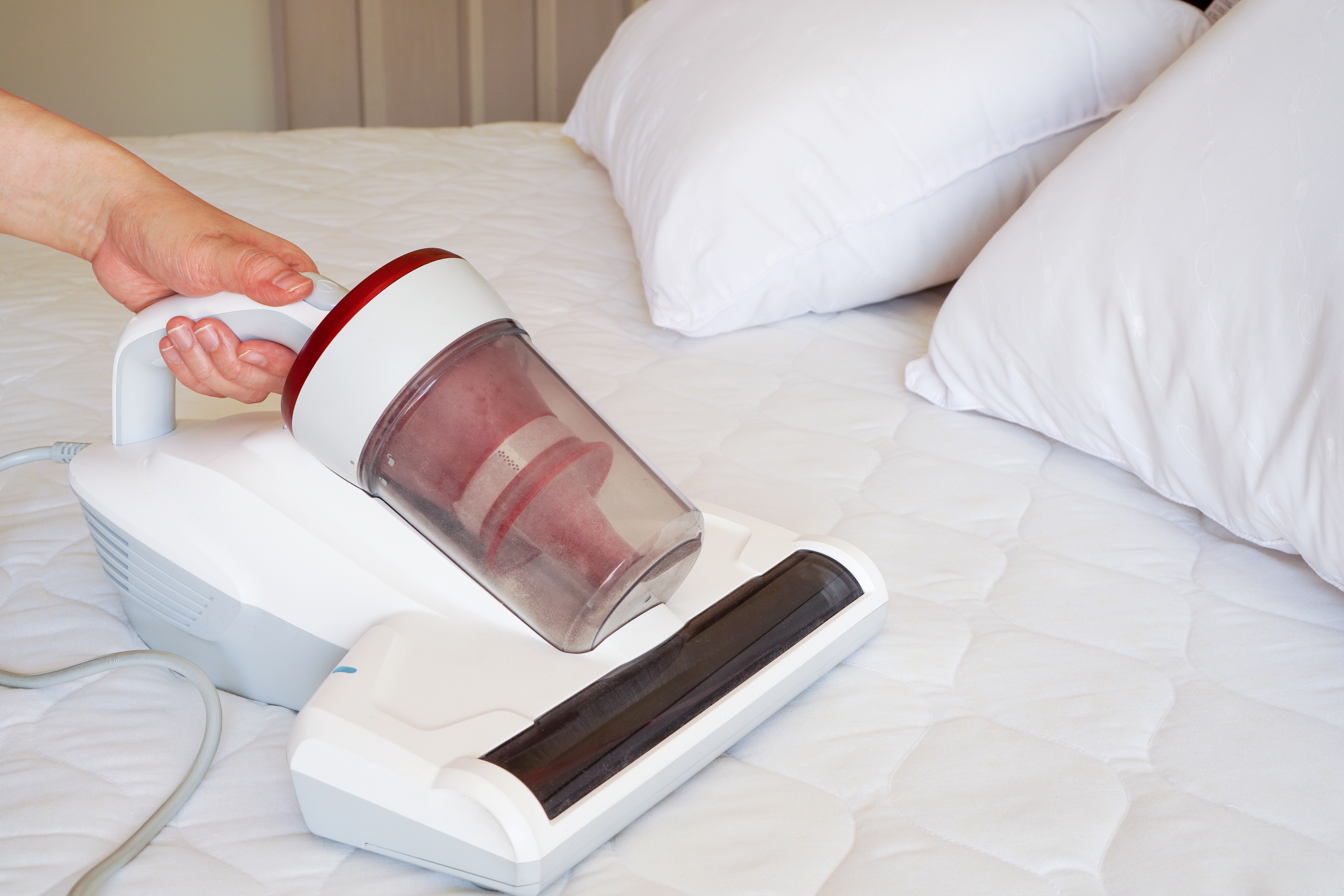 흰색 침구 위에서 진드기 제거용 핸디청소기로 매트리스를 청소하고 있는 장면