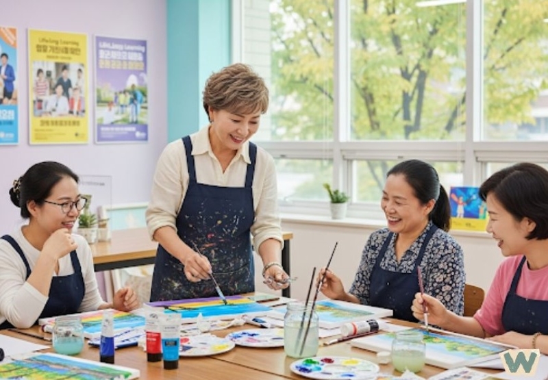 미술 수업에서 함께 그림을 그리며 웃는 중년 여성들 via canva