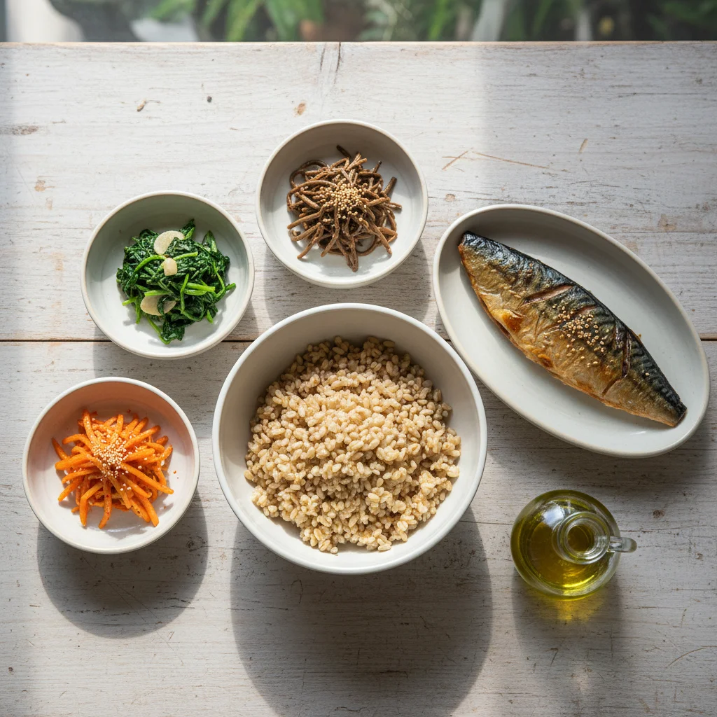 현미 잡곡밥, 고등어 구이, 신선한 나물 반찬과 들기름이 차려진 한국형 지중해 식단 테이블 상차림