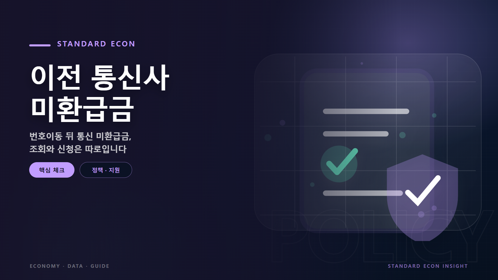 이전 통신사 미환급금 문구와 정책 문서와 체크, 보호 방패 그래픽 요소를 담은 정책 &middot; 지원 경제 콘텐츠 대표 이미지