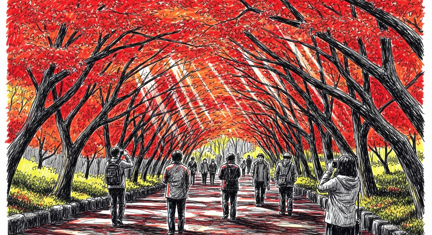 내장산 단풍 터널의 붉은 단풍길