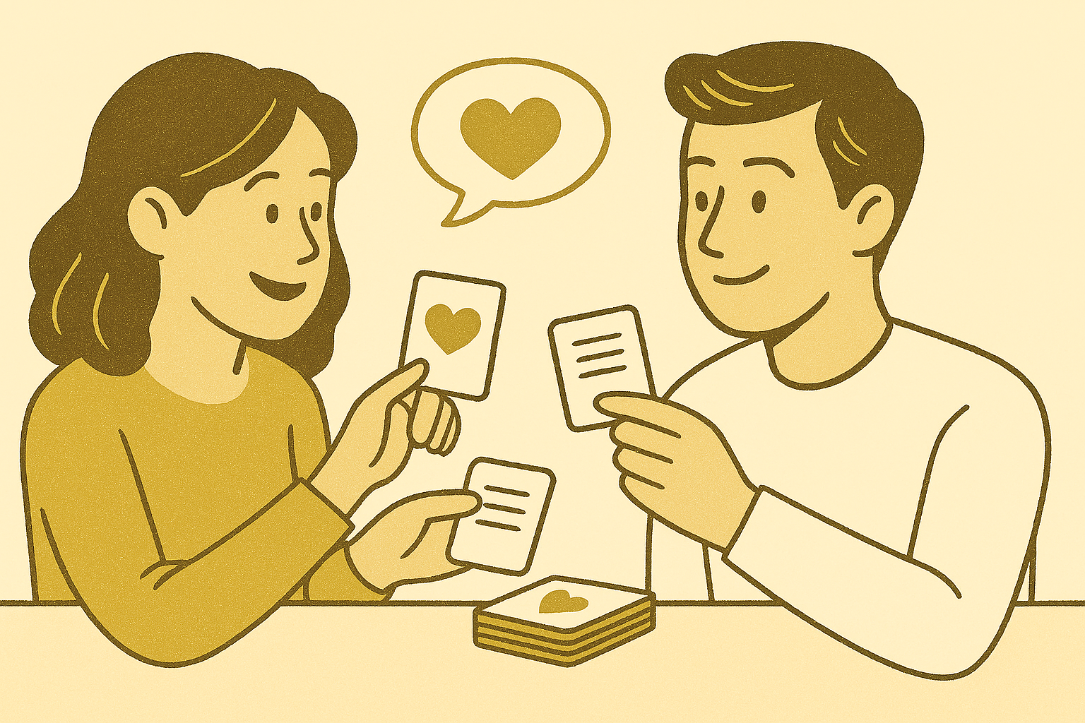 감정 카드로 서로의 마음을 이해하고 공감하는 부부의 모습을 담은 일러스트