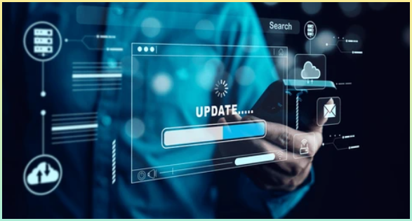 업데이트 소프트웨어 컴퓨터 프로그램 업그레이드 비즈니스 기술 인터넷, 가상 화면에 업데이트와 스마트 폰을 들고 남자. 인터넷 및 기술 개념, 업데이트 설치와 함께 로드 바.