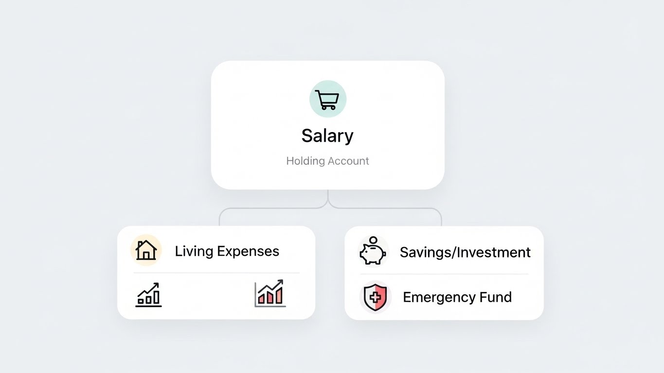 A flowchart illustrating salary distribution into 4 bank accounts Salary, Living Expenses, SavingsInvestment, Emergency Fund.