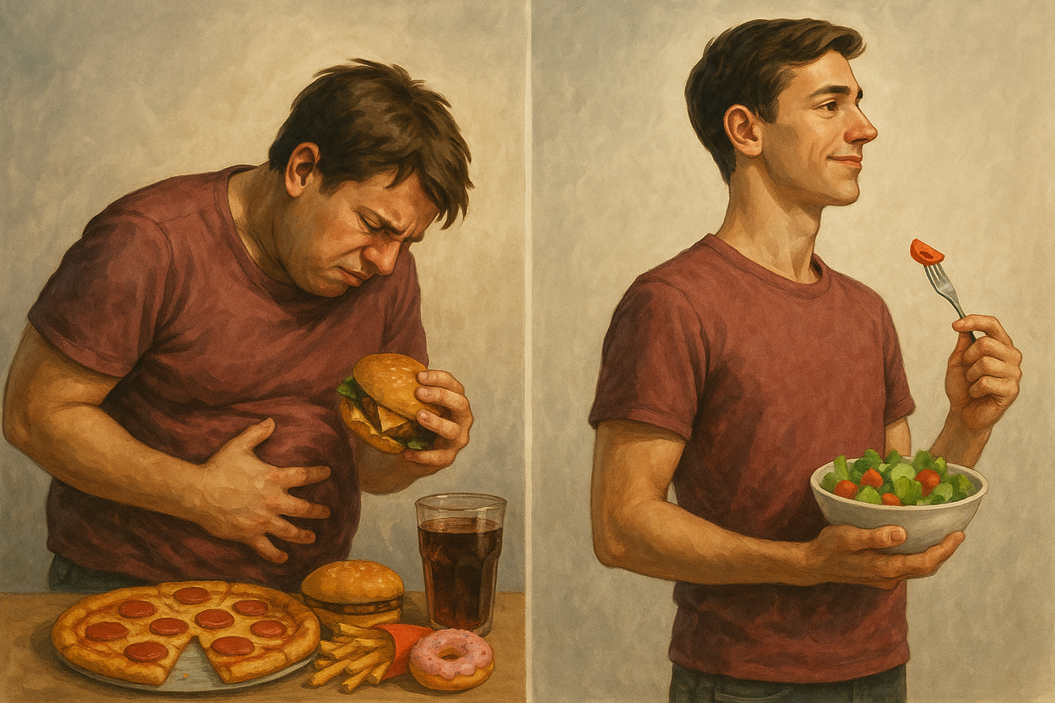 고칼로리 식단으로 과식하는 장면(좌), 건강한 식단으로 소식하는 사람(우) 대비 일러스트