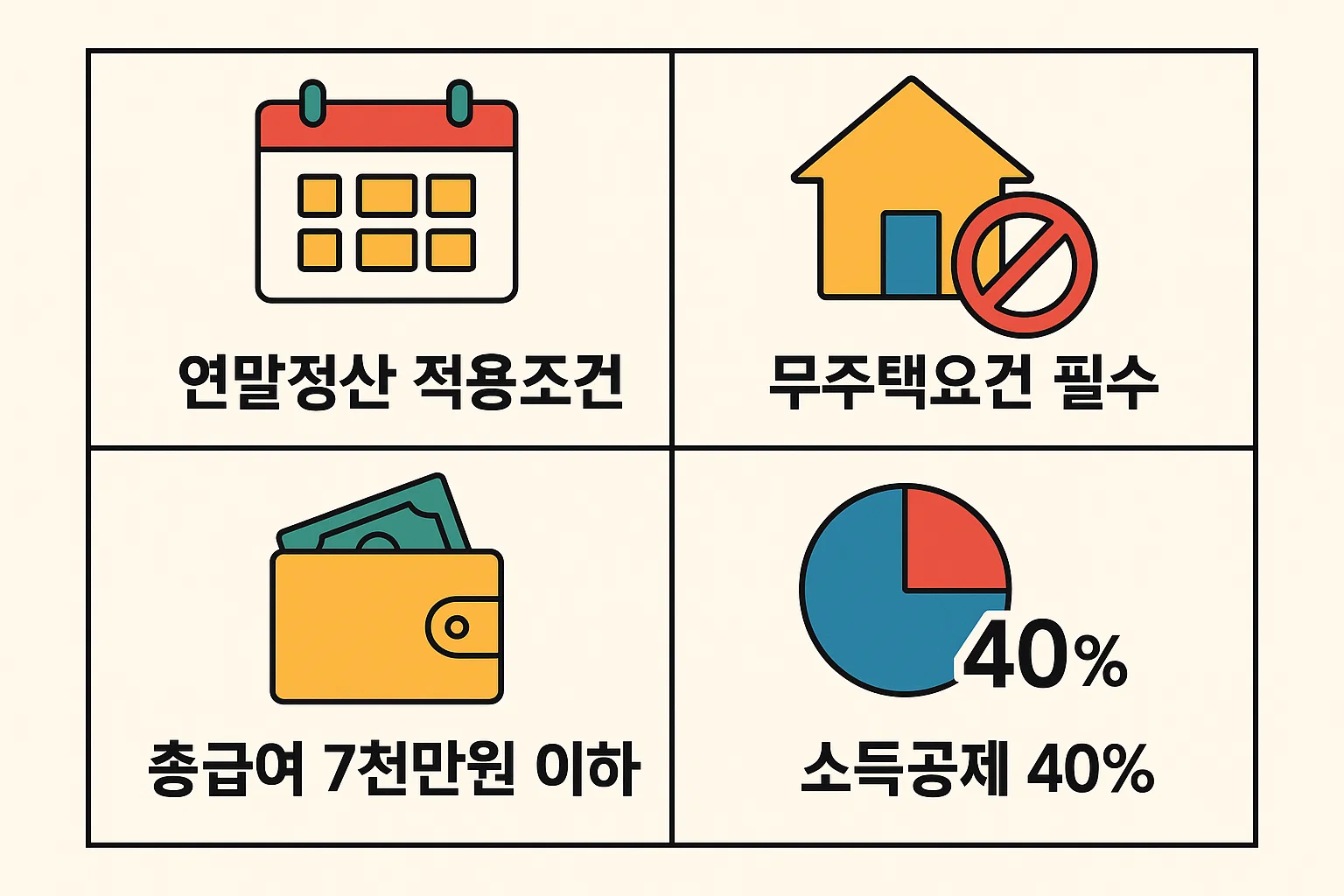 청년주택드림 청약통장 연말정산 적용조건을 시각화한 인포그래픽으로, 무주택요건 필수와 총급여 7천만원 이하, 소득공제율 40%의 핵심 정보를 아이콘으로 요약한 이미지.