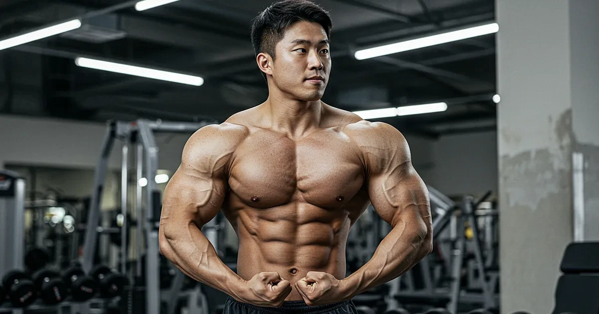 헬스장에서 복근과 상체 근육을 강조하며 포징하는 보디빌더의 모습