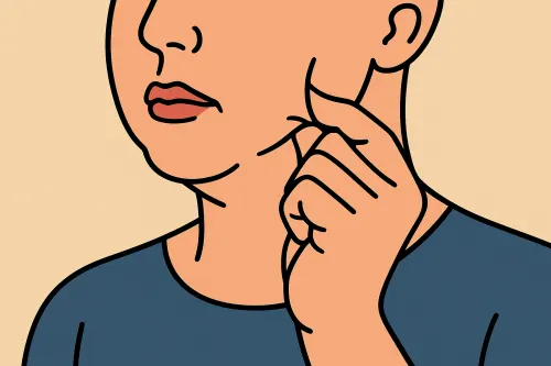 볼살을 손가락으로 살짝 집은 얼굴 아랫부분을 묘사한 그림