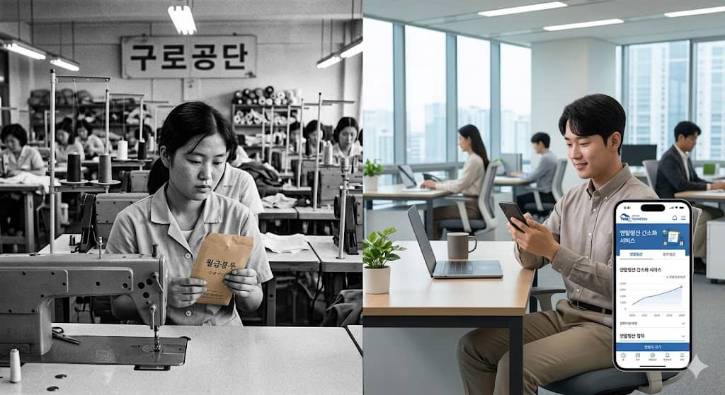 파일명: korea_1970s_guro_factory_worker_payslip_tax_history_2026_year_end_settlement.jpg Alt 태그: 한국 1970년대 구로공단 노동자 월급명세서 소득세 연말정산 역사 2026 직장인 세금 온고지신
