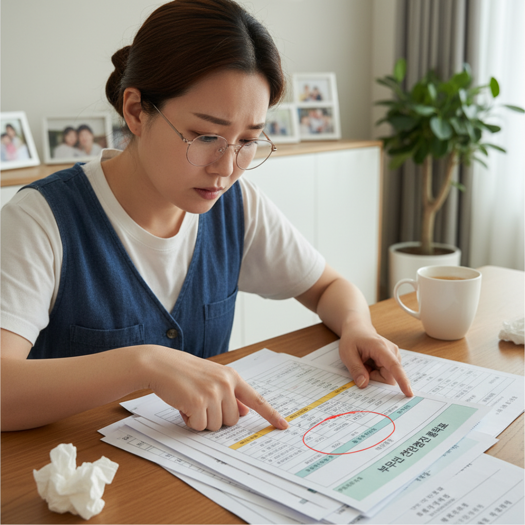 시니어 부모님의 건강검진 결과표를 면밀히 분석하는 보호자의 모습