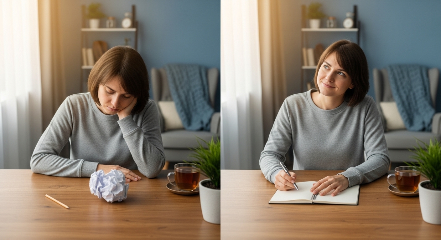 갓생 실천 중 실패를 경험했지만, 좌절하지 않고 새로운 계획을 세우며 다시 도전하는 사람의 모습. 실패를 통해 배우고 다시 일어서는 회복 탄력성을 상징합니다.