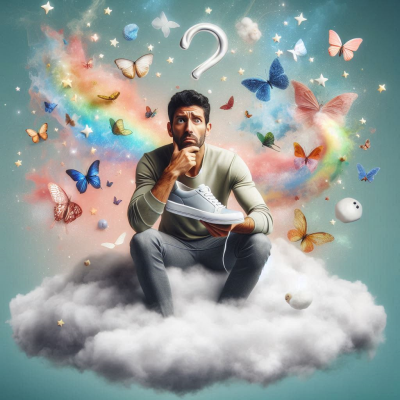 구름 위에서 책을 읽으며 꿈에 대해 궁리하는 남성, 주변에 다양한 색상의 나비들이 떠 있습니다.