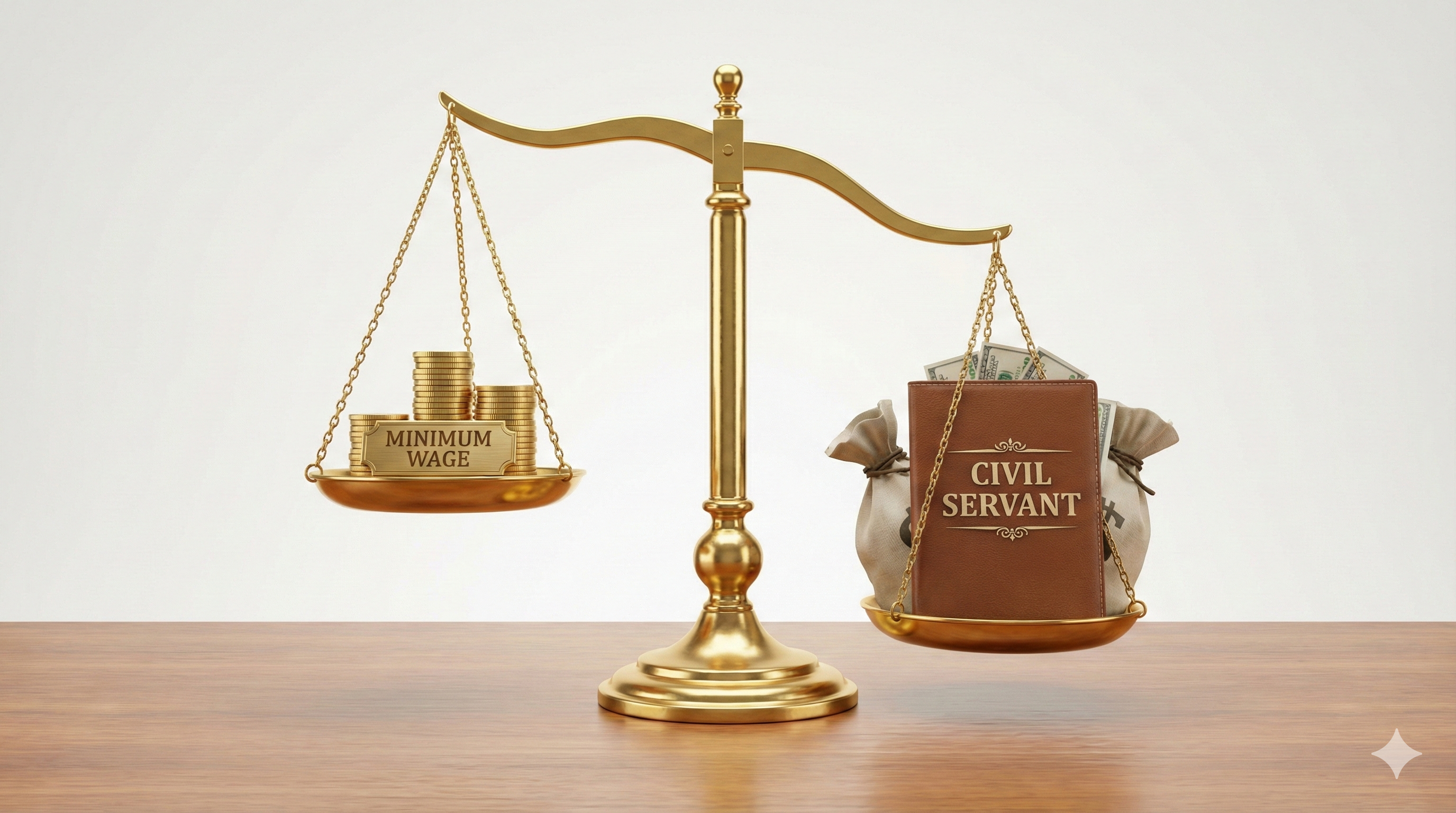 저울에 최저임금(동전)과 공무원 월급(문서+숨겨진 돈주머니)을 올려 비교하는 모습