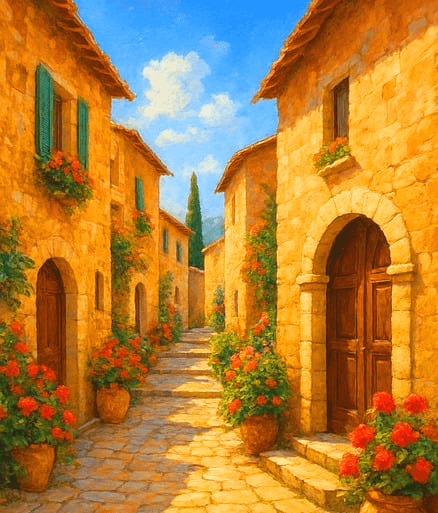 갈색 벽돌집들이 양쪽에 있고 그 사이로 기다란 골목길이 있다. 길가엔 붉은꽃들이 핀 화분들이 가득하다.